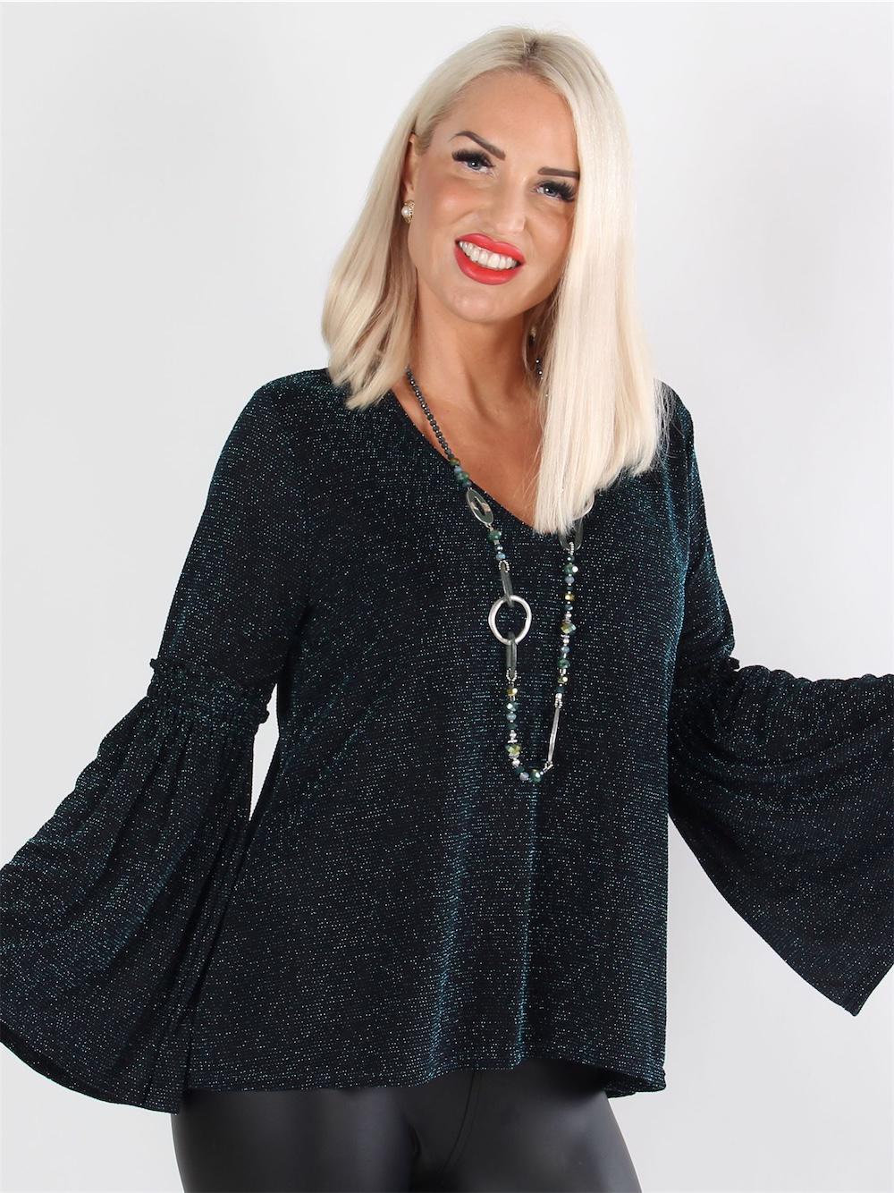 Alba - Sort bluse med vidde ærmer og v-udskæring